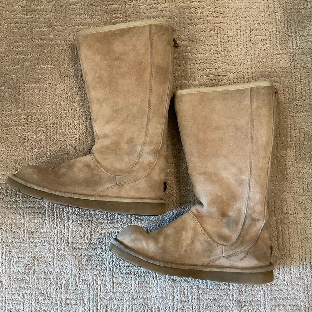 🔸💜 UGG Tall Winter Boots Leather Soft Sheepskin Lined Tan Back Zip Size 10 - Picture 3 of 10
